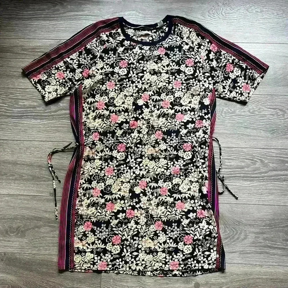 Scotch & Soda Floral Navy Cream Pink Short Sleeveeve Drawstring Dress Size 2 - Picture 1 of 8